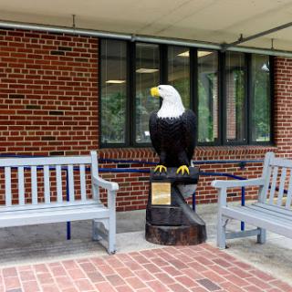 A bold eagle statue stands proudly between two benches on a brick patio.