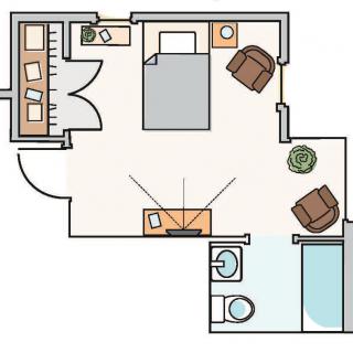 A floor plan of a small apartment with one bedroom, living area, kitchen, and bathroom.