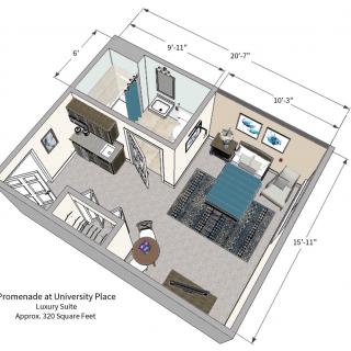 A 3D floor plan of a studio apartment showcasing the layout and furniture arrangement.