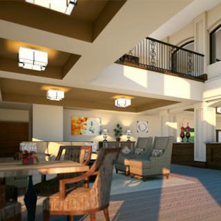 A beautifully designed modern living room with ample natural light and elegant furniture.