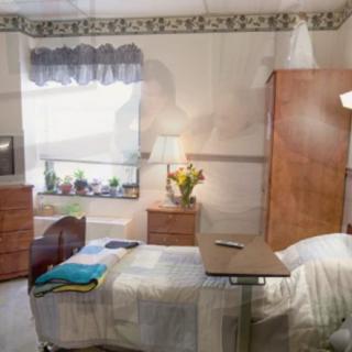 A well-organized hospital room featuring a bed, wooden furniture, a window with plants, and a bedside lamp.