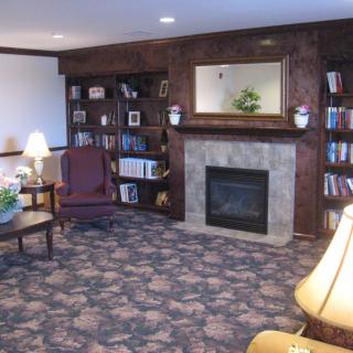 A cozy living room with a fireplace, surrounded by bookshelves and comfortable seating.
