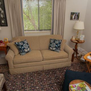 A cozy living room with a beige sofa and decorative cushions, surrounded by a carpet, wooden furniture, and natural light from the window.