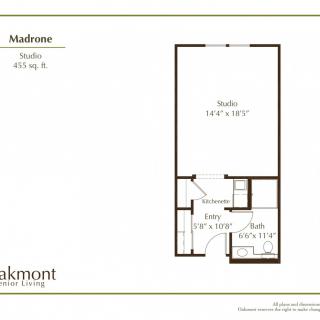 Studio apartment floor plan with dimensions and layout details.