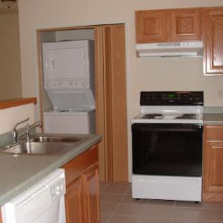 A kitchen with wooden cabinets, a stove, and a stacked washer and dryer set.