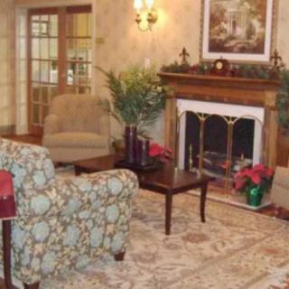 A cozy living room featuring a fireplace, patterned armchair, and stylish decor.