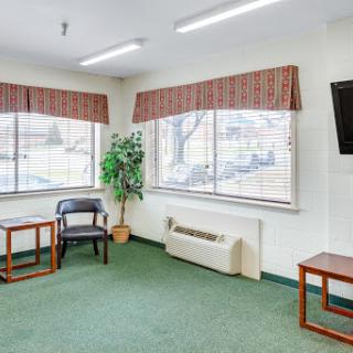 A spacious waiting room featuring large windows, green carpeting, and simple furniture.