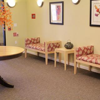 A well-arranged waiting room with patterned chairs, framed art, and a decorative vase on a table.