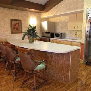 A modern kitchen featuring a sleek countertop with bar seating, decorated with wall art and an indoor plant.