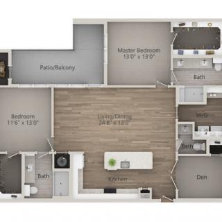 A detailed floor plan of a two-bedroom apartment with an open concept living and kitchen area.