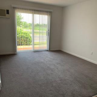 An empty room with carpet flooring and a sliding glass door leading to an outdoor area.
