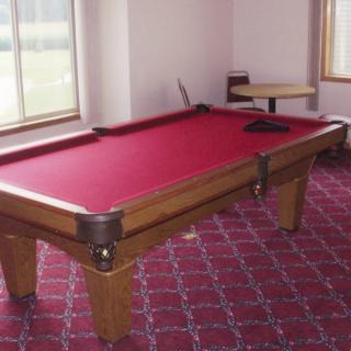 A game room featuring a pool table with red felt.