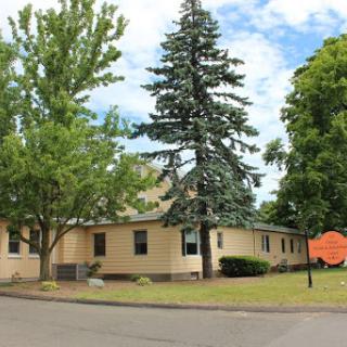 A peaceful residential home surrounded by trees and a clear sky.