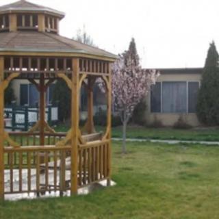 A wooden gazebo in a garden setting with a building and lush greenery in the background.