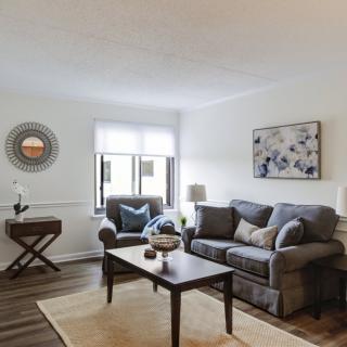 A cozy and modern living room with a sofa, coffee table, and wall decor.