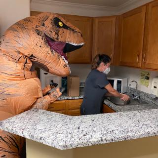 A person going about their chores in the kitchen, seemingly unaware of the large dinosaur costume behind them.
