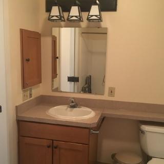 A bathroom with a sink, mirror, cabinet, and toilet.