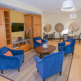 A modern living room with blue chairs and wooden furniture, featuring a television and stylish decor.
