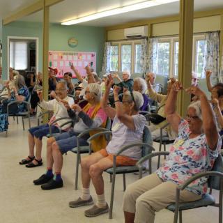 A group of seniors participating in a seated exercise class at a community center.