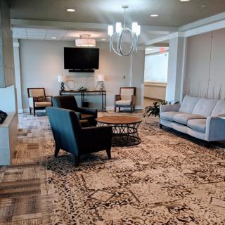 A modern living room with comfortable seating, a large carpet, and contemporary decor.
