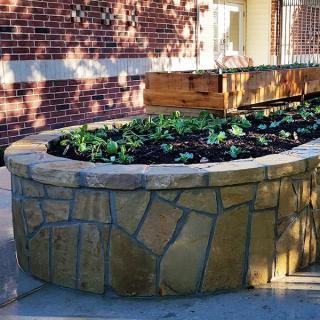 A stone raised garden bed filled with plants, situated in front of a brick wall.