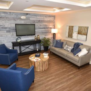 A stylish living room with modern decor, featuring blue chairs, a gray sofa, and a wooden floor.