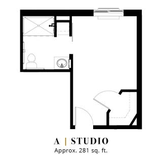 Studio apartment floor plan with approximately 281 square feet.