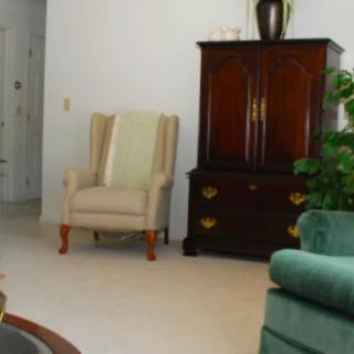 A cozy living room with an armchair and a wooden cabinet.