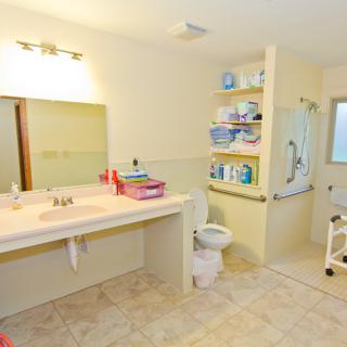 An accessible bathroom with a wide counter, toilet, and shower equipped with grab bars and storage shelves.