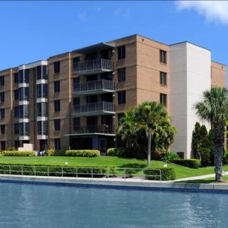 A waterfront apartment building with palm trees and a clear blue sky.