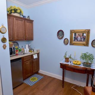 A cozy kitchen area with wooden cabinets, decorative artwork, and indoor plants against a backdrop of blue walls.