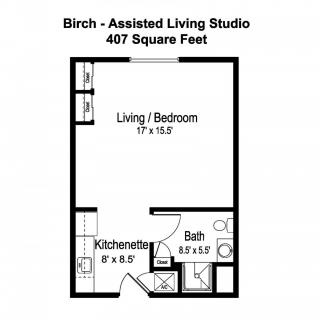 Floor plan of a Birch assisted living studio, featuring a kitchenette and bathroom, spanning 407 square feet.