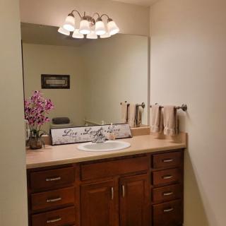 A neatly organized bathroom vanity with a mirror, wooden cabinets, and decorative elements.
