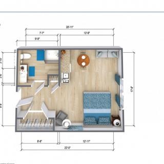 A detailed floor plan showcasing furniture arrangement and room dimensions.