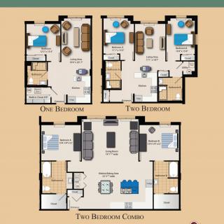 Floor plans showcasing layouts for one, two, and three-bedroom apartments.