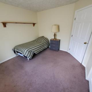 A minimalist bedroom with a single bed, carpeted floor, and a small bedside table with a lamp.