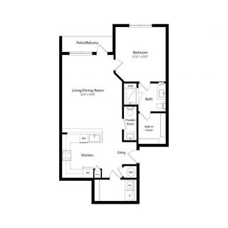A floor plan showcasing a one-bedroom apartment layout.