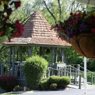 A serene garden scene featuring a wooden gazebo surrounded by lush greenery and colorful hanging flowers.