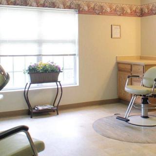 A bright and welcoming hair salon room with chairs, a large window, and decorative plants.