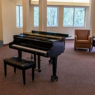 A grand piano in a room with large windows and comfortable seating.