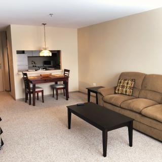 A cozy living room and dining area with a sofa, coffee table, and dining set.