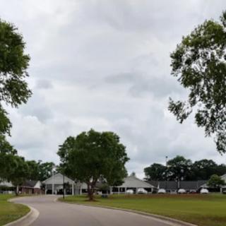 A suburban street lined with trees and buildings under a cloudy sky.