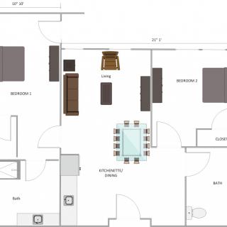 A detailed floor plan of a living space with labeled areas and furniture layout.