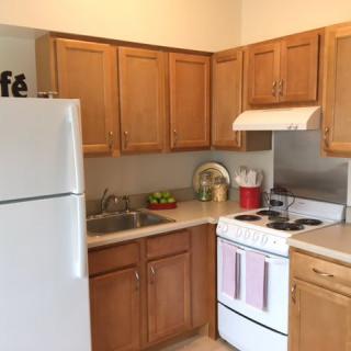 A cozy kitchen with wooden cabinets, a stove, and a refrigerator.