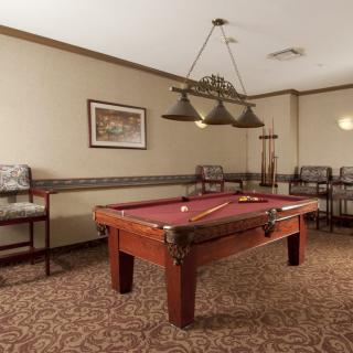 A recreation room featuring a pool table with overhead lighting and seating.