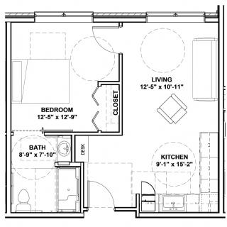 A detailed floor plan of a small apartment, featuring a living room, kitchen, bedroom, and bathroom.