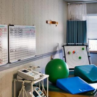 A rehabilitation room equipped with therapy equipment including a large exercise ball, mats, and a whiteboard for tracking progress.