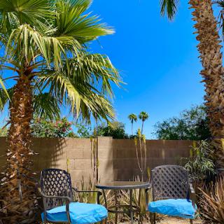 A serene patio setup under palm trees, perfect for relaxation on a sunny day.