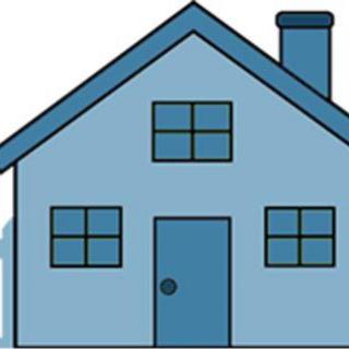 A simple illustration of a blue house with windows and a chimney.