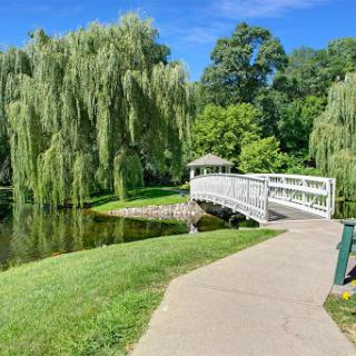 A serene park scene featuring a bridge over a calm body of water, surrounded by lush greenery and willow trees.